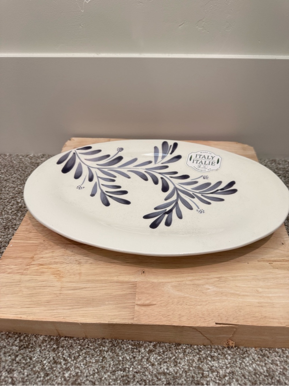 Italian Ceramic Serving Platter with Navy Leaf Motif by